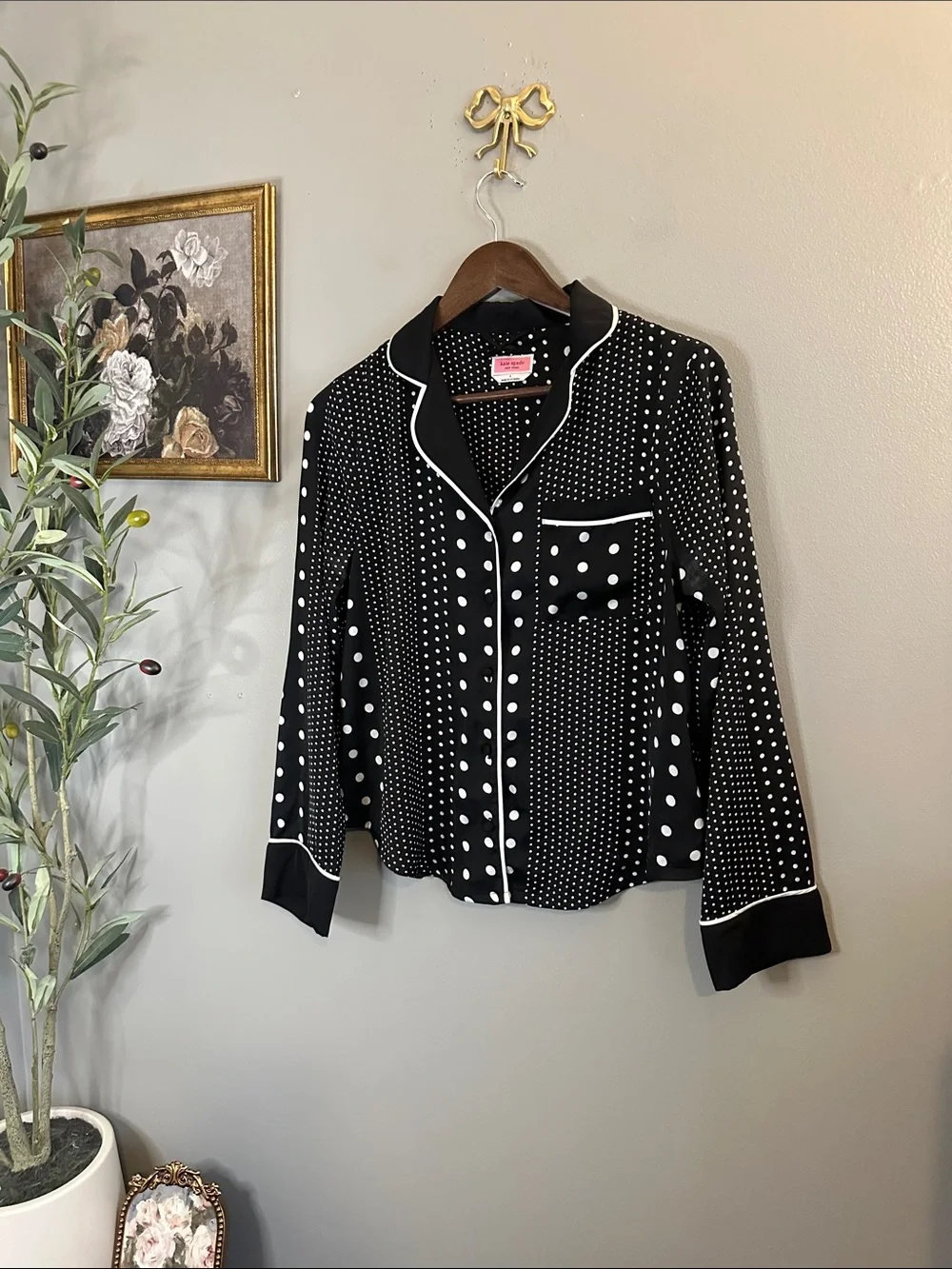 Kate Spade New York Polka Dot Button Front Blouse Pajama Style Top Small